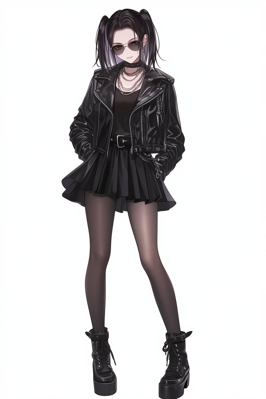 Anime girl in a black leather jacket and A-line mini skirt, channeling Rihanna's punk vibe.