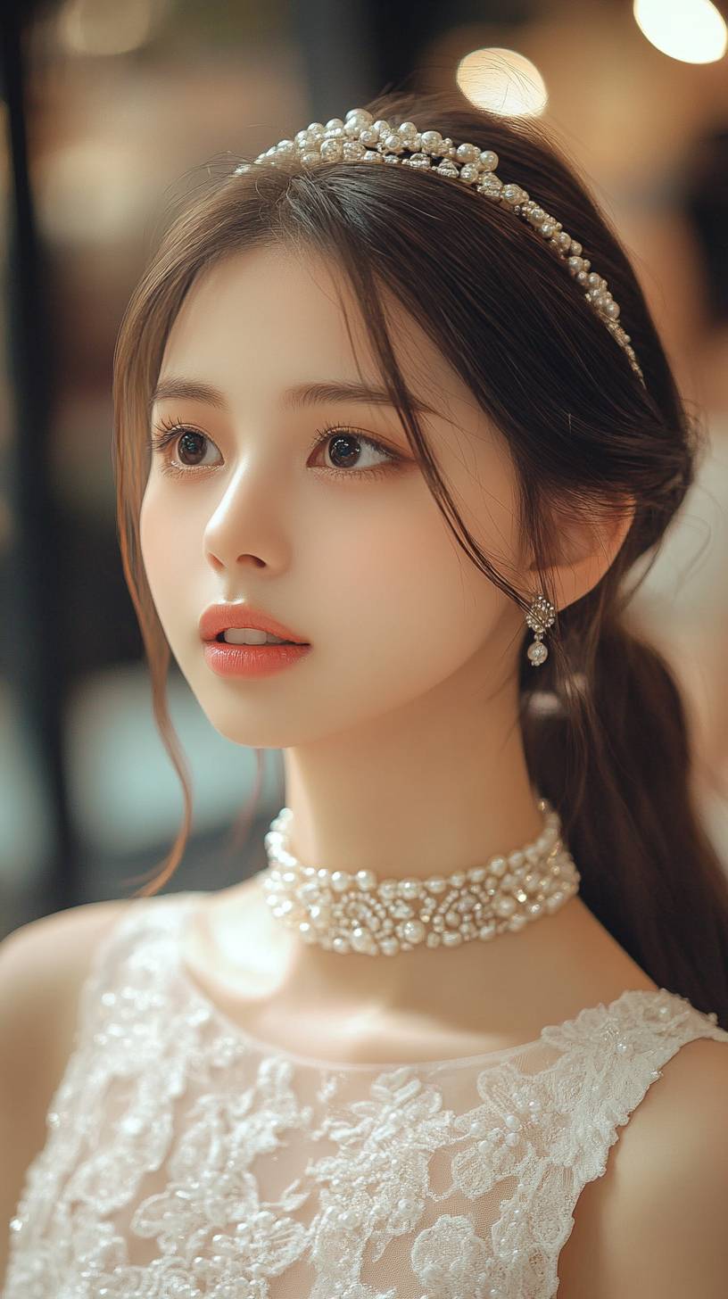 Una chica con estilo Angelababy viste un dulce atuendo de alta costura con accesorios de perlas y un peinado romántico en un centro comercial de lujo.