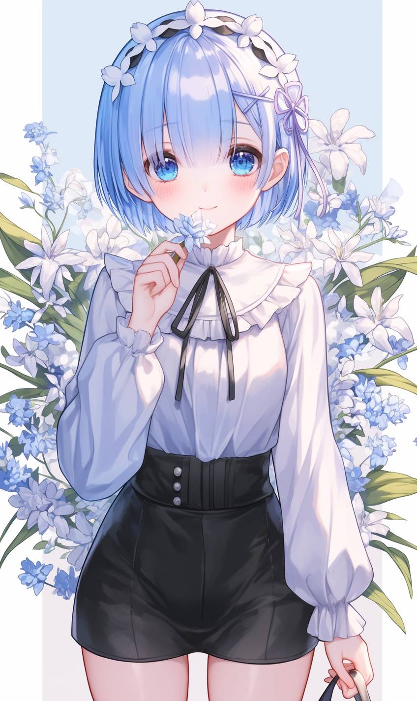 Rem is wearing cute everyday attire: a light blue shirt, white skirt, and brown boots, walking in a flower garden.