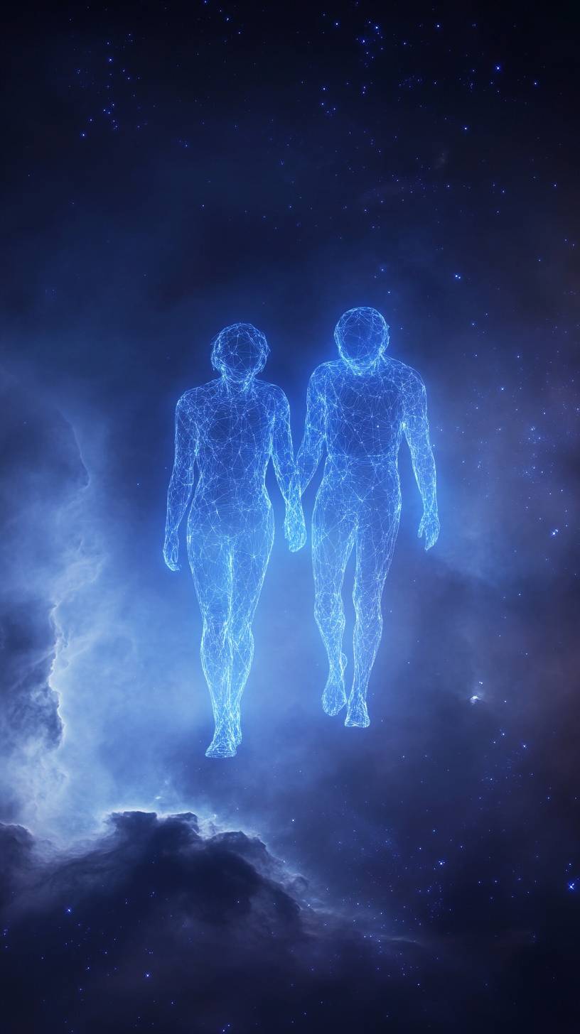 The Gemini constellation is illustrated with two glowing figures symbolizing the twins against a soft nebula background, creating a sense of duality.