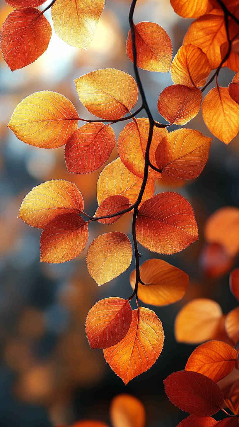 High-quality smartphone wallpaper featuring autumn leaves in warm colors like orange, yellow, and red with soft sunlight.