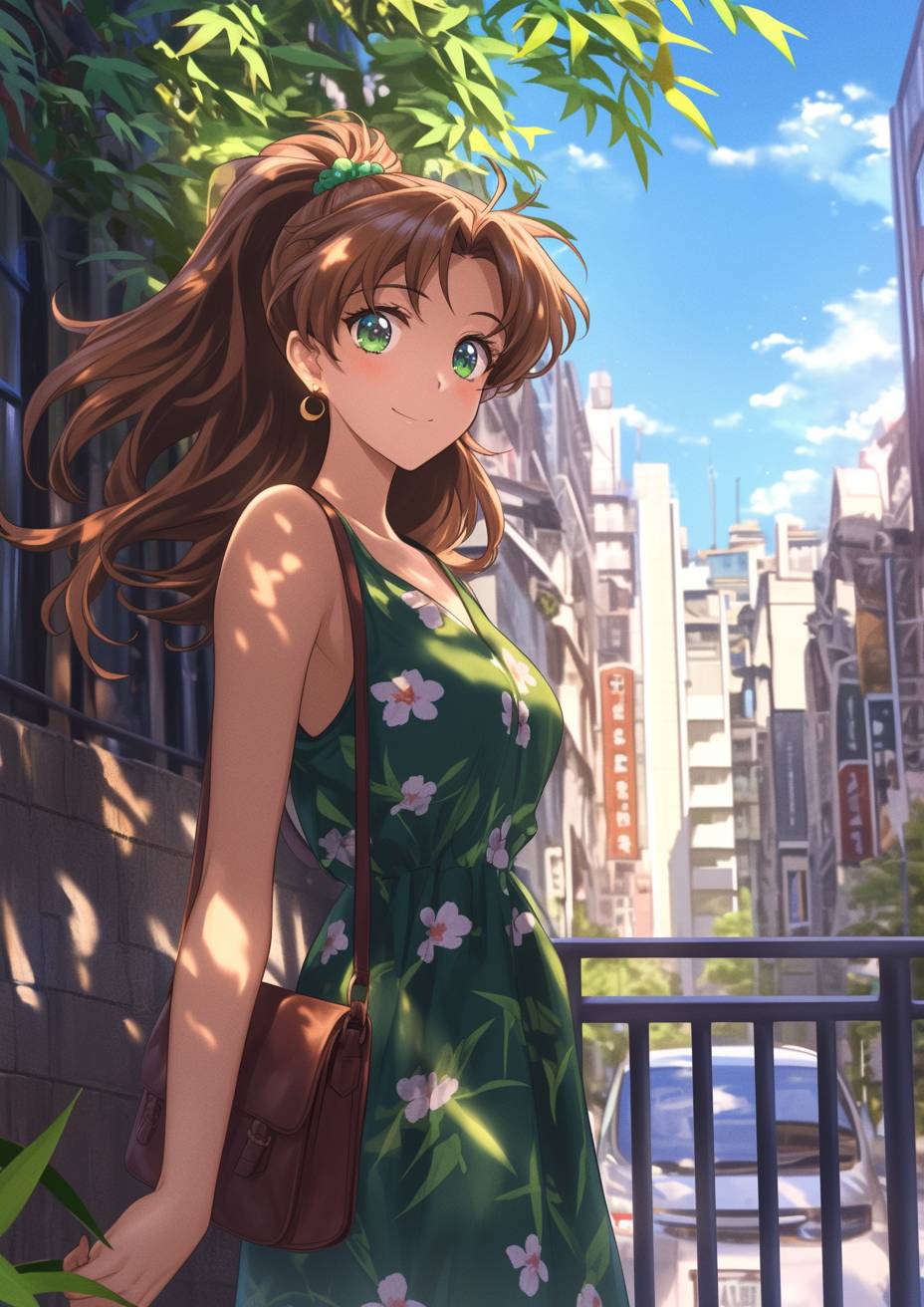 Makoto Kino de Sailor Moon porte une robe verte et des sandales marron, tenant un sac à main, profitant d'une journée ensoleillée en ville avec une expression confiante.