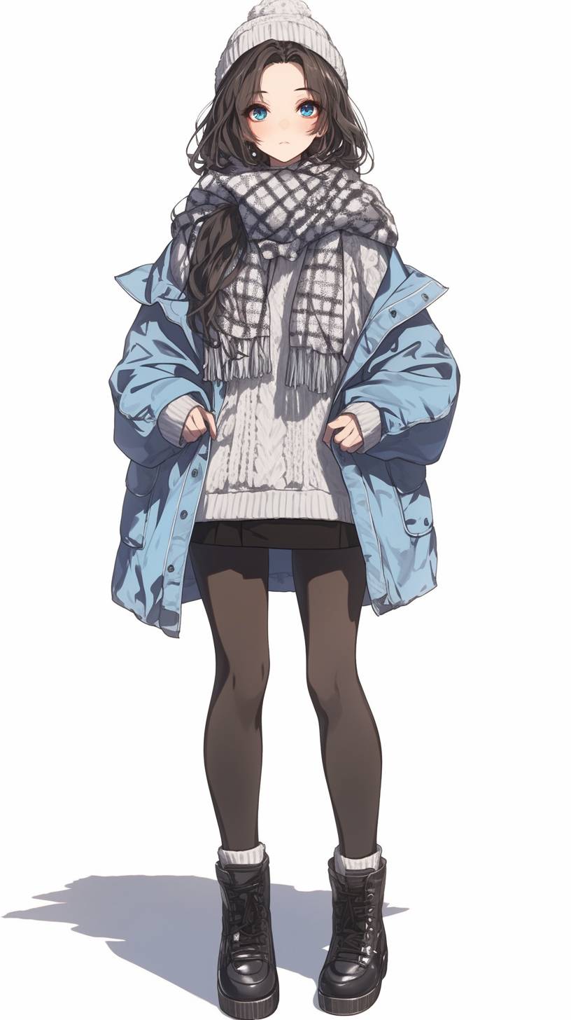 Fille d'anime suédoise, style de rue hivernal avec un pull en tricot, une écharpe en laine et des bottes en fausse fourrure, créant une ambiance cosy et élégante.