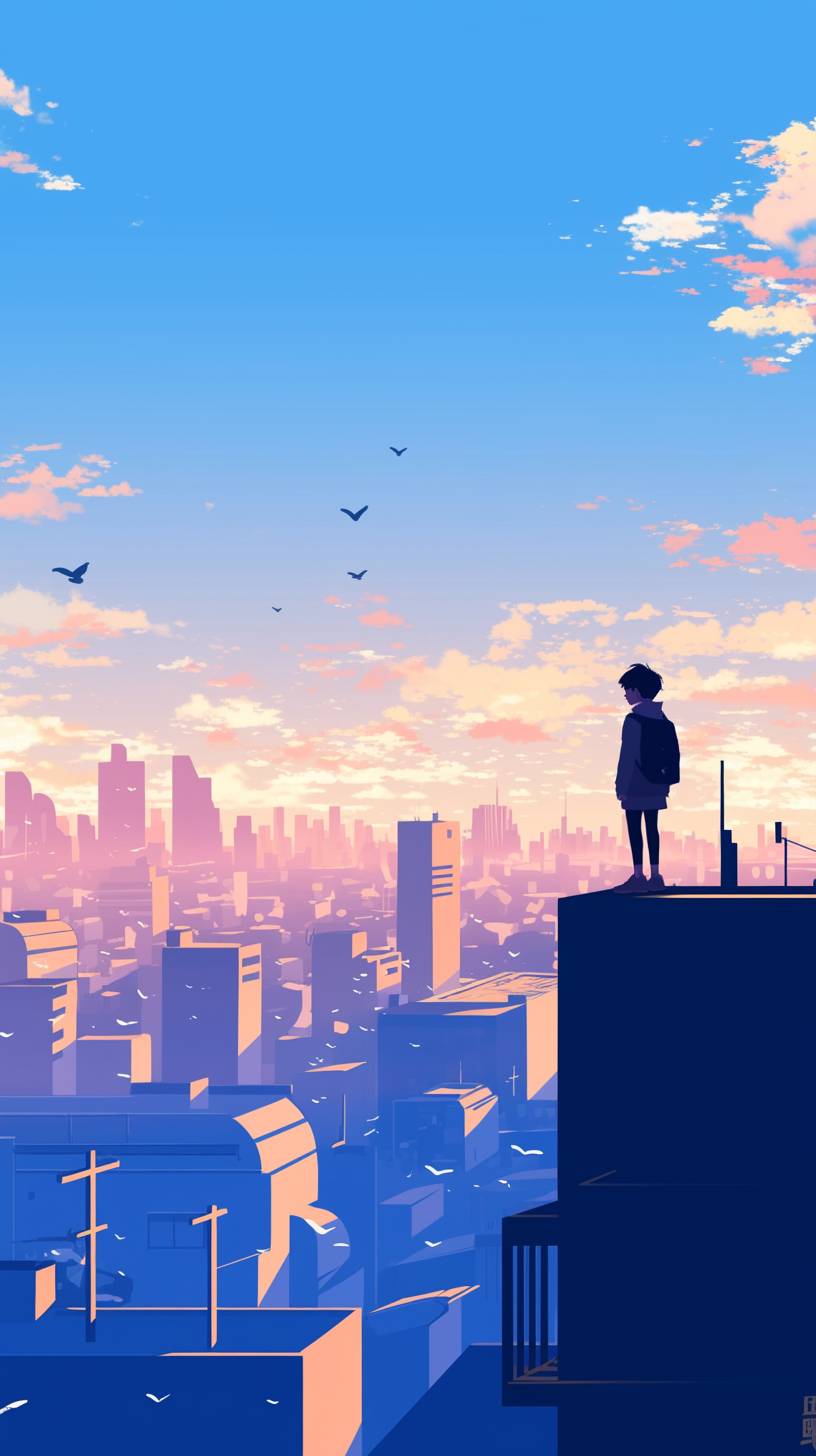 Garoto de anime minimalista em uma paisagem urbana moderna, pôr do sol em pastel.