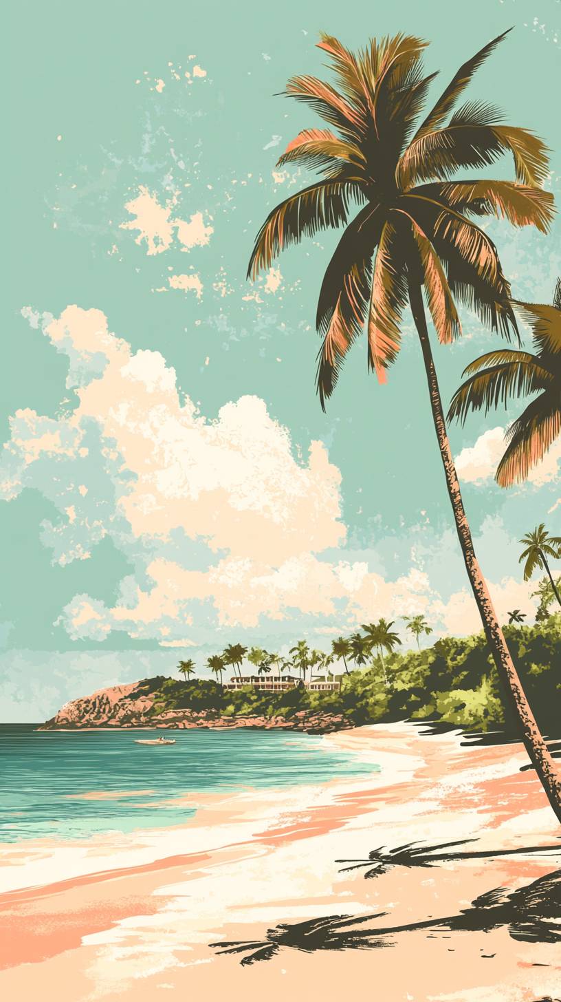 A vintage travel postcard design featuring palm trees, sandy beaches, and clear skies, evoking a carefree vacation vibe.