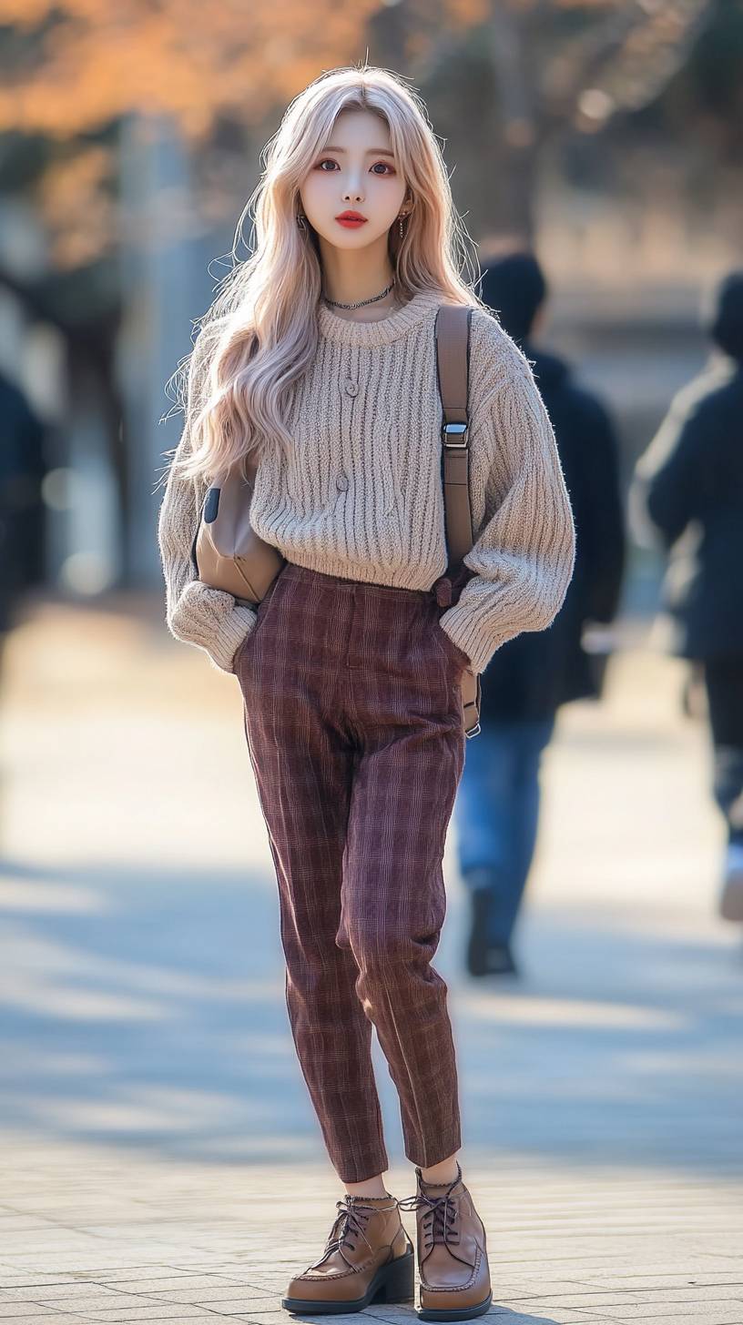 Una chica con estilo de Dahyun de Twice, usando un lindo atuendo universitario en el campus.