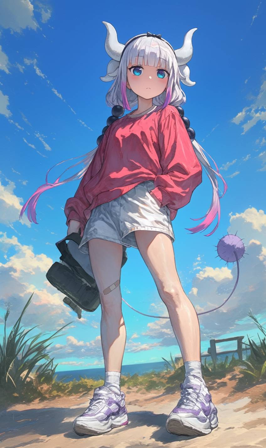 Kanna Kamui aus 'Miss Kobayashi's Dragon Maid' in einer weißen Bluse und einem rosa Rock, mit einem Stofftier in der Hand, sieht süß und neugierig aus, während sie im Park spaziert.