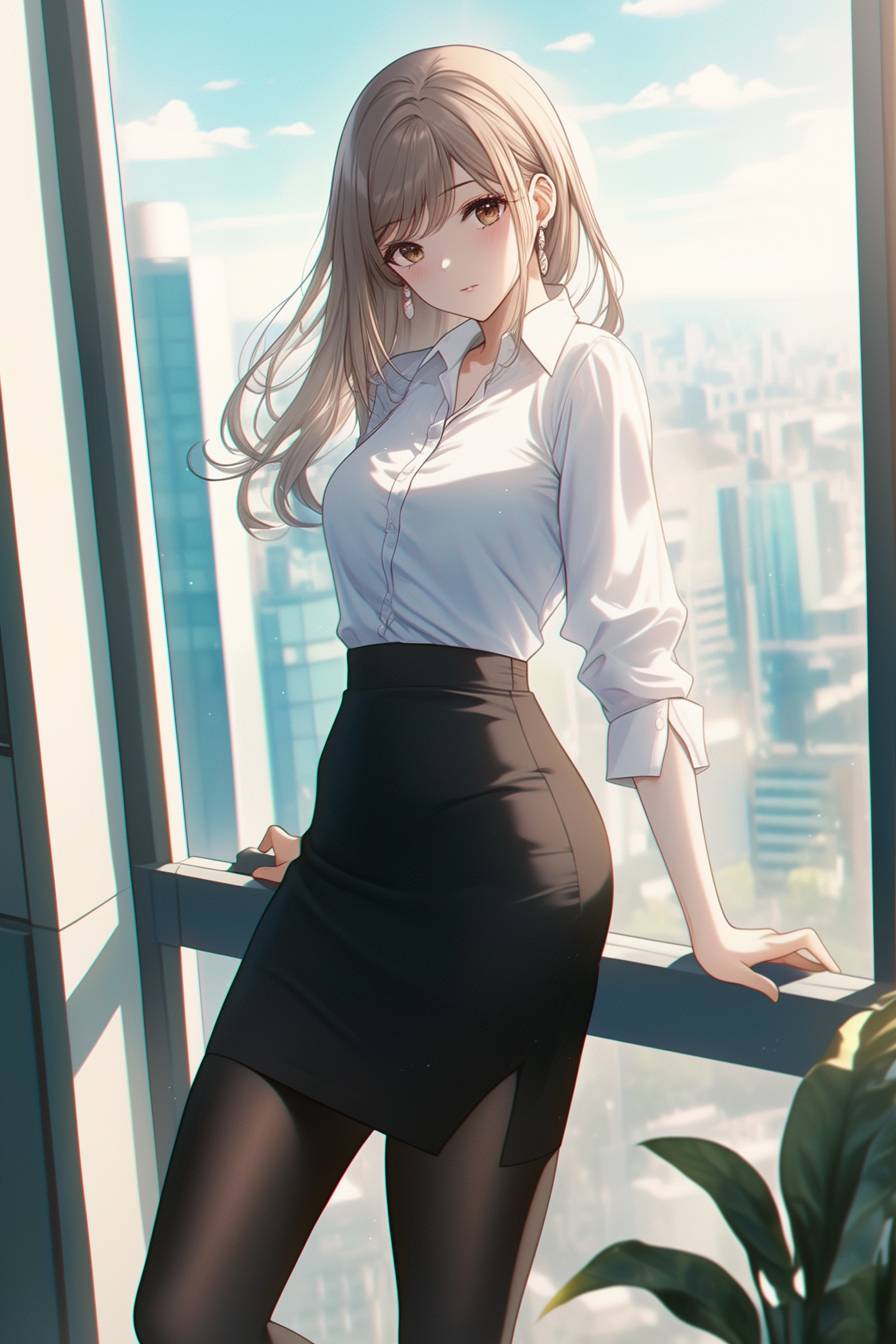 A stylish anime girl in a silk blouse, pencil skirt, and high heels, suitable for a business casual office setting.