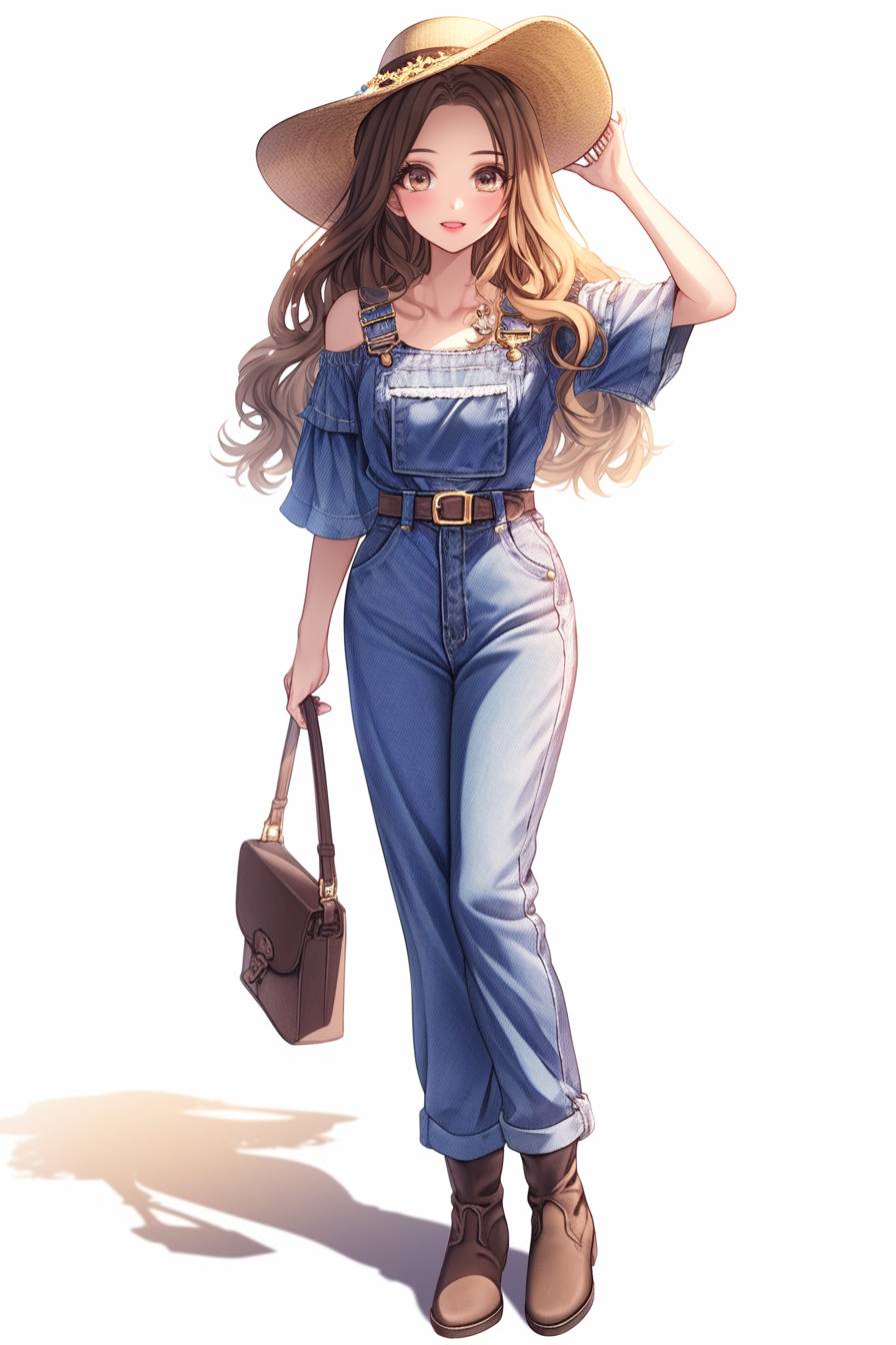 CG realistic anime girl in a denim jumpsuit with a brown leather belt and boots, showcasing a laid-back boho-chic style.