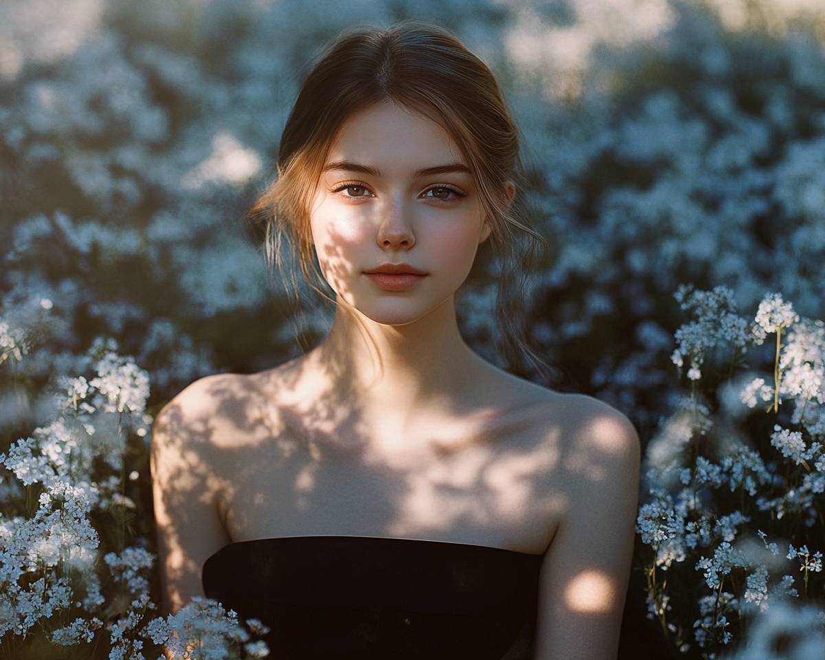 In professional portrait photography, the use of light and shadow effects shows a unique perspective with the model in a strapless black dress and golden hair expressing emotions.