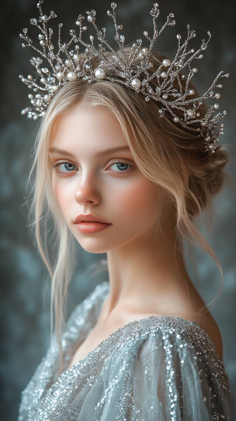 A blonde girl wears a beautiful silver crown made of branches and crystals, and a gray-silver dress with wide sleeves, with pearl drops on her face.