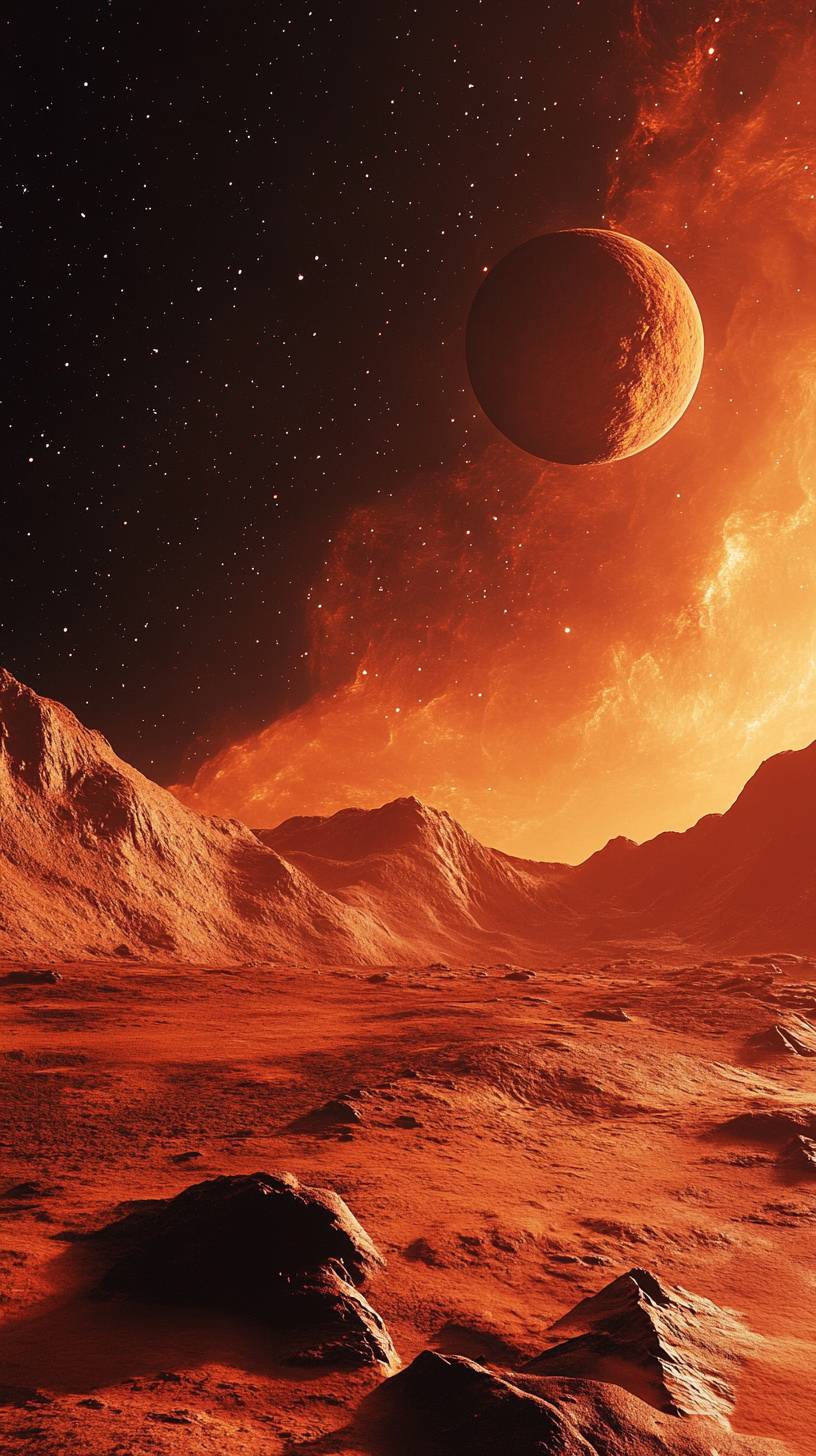 Marslandschaft mit Phobos im Himmel, Staubstürme auf der Oberfläche des roten Planeten