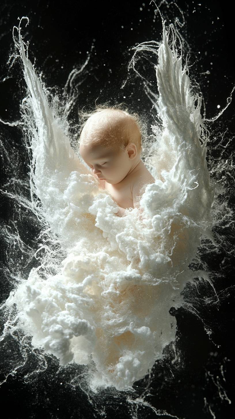 Design a striking digital backdrop featuring grand angel wings enveloping a newborn.