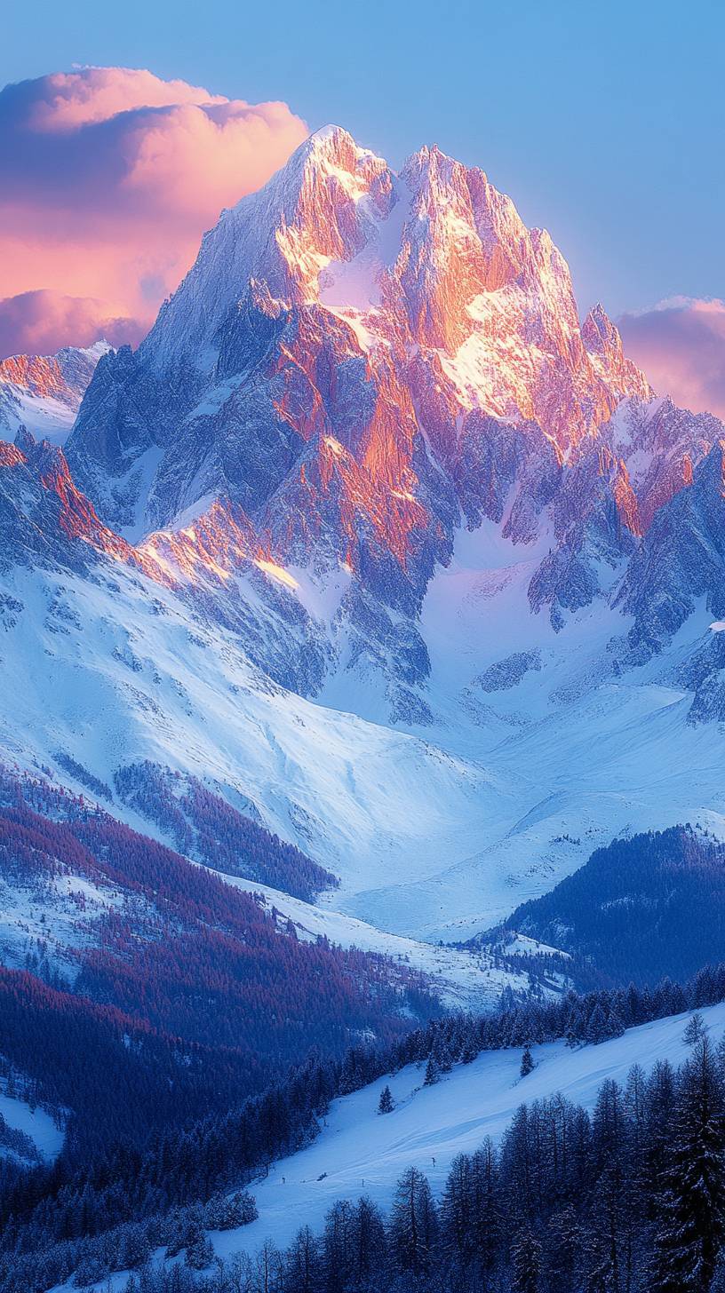 High-quality smartphone wallpaper, 8k ultra HD, minimalist mountain landscape, snow-capped peaks, calm and serene atmosphere, perfect for phone background.