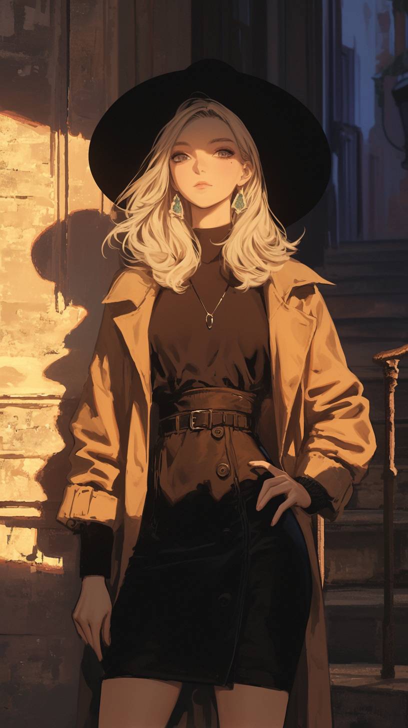 Ein französisches Anime-Mädchen, das in einem stilvollen Pariser Streetstyle mit einem maßgeschneiderten Trenchcoat und schwarzem Barett gekleidet ist.