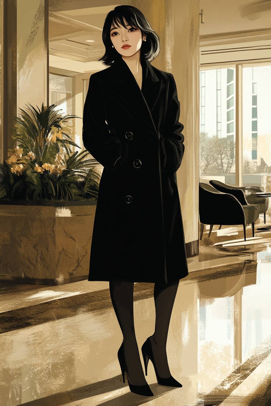 A girl in Song Hye-kyo style wearing an elegant Max Mara coat and designer pumps in a luxury hotel lobby.