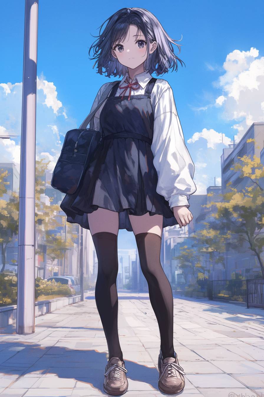 Yuki Nagato from The Melancholy of Haruhi Suzumiya in simple school attire, holding a book in front of a school.