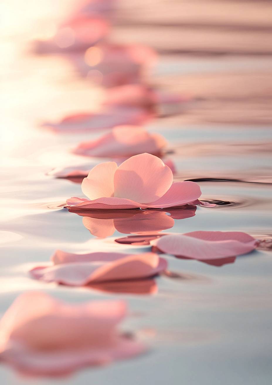 Soft rose petals floating on calm water with subtle pink gradients and light reflections.