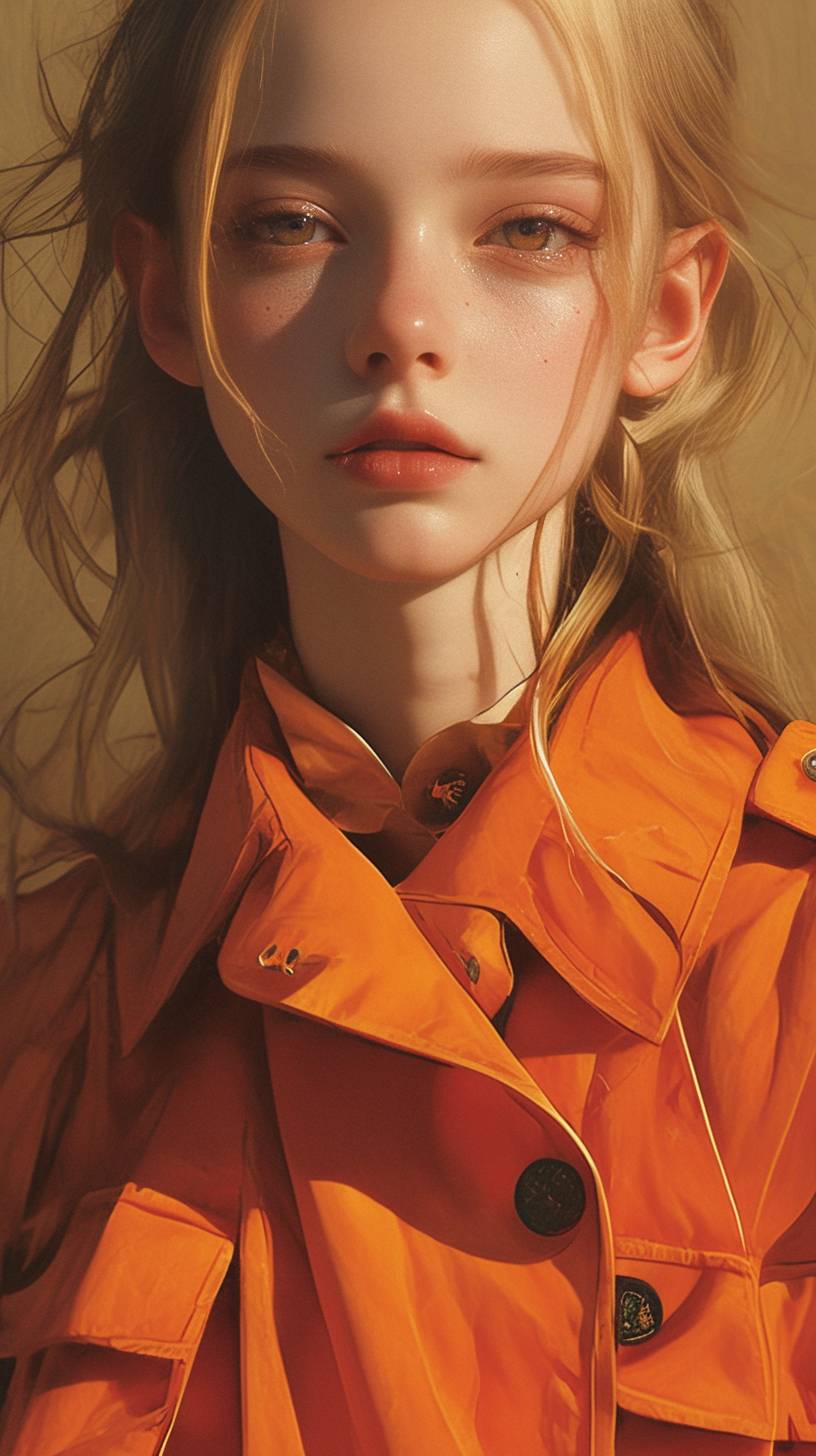 An animated girl in an orange coat, in a cute and dreamy style, with realistic still-lifes, unbelievably beautiful.