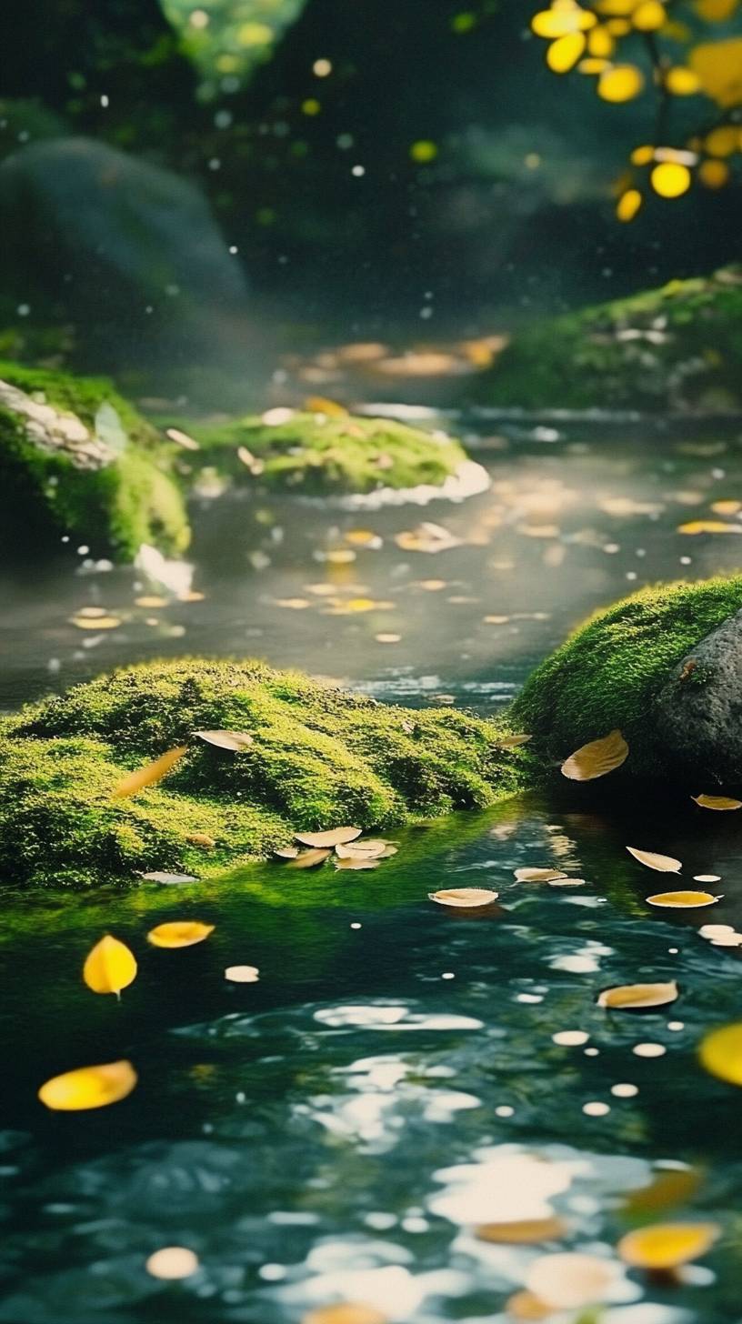 Un ruisseau paisible en forêt avec des rochers recouverts de mousse et de la lumière tamisée à travers les feuilles, créant une atmosphère calme