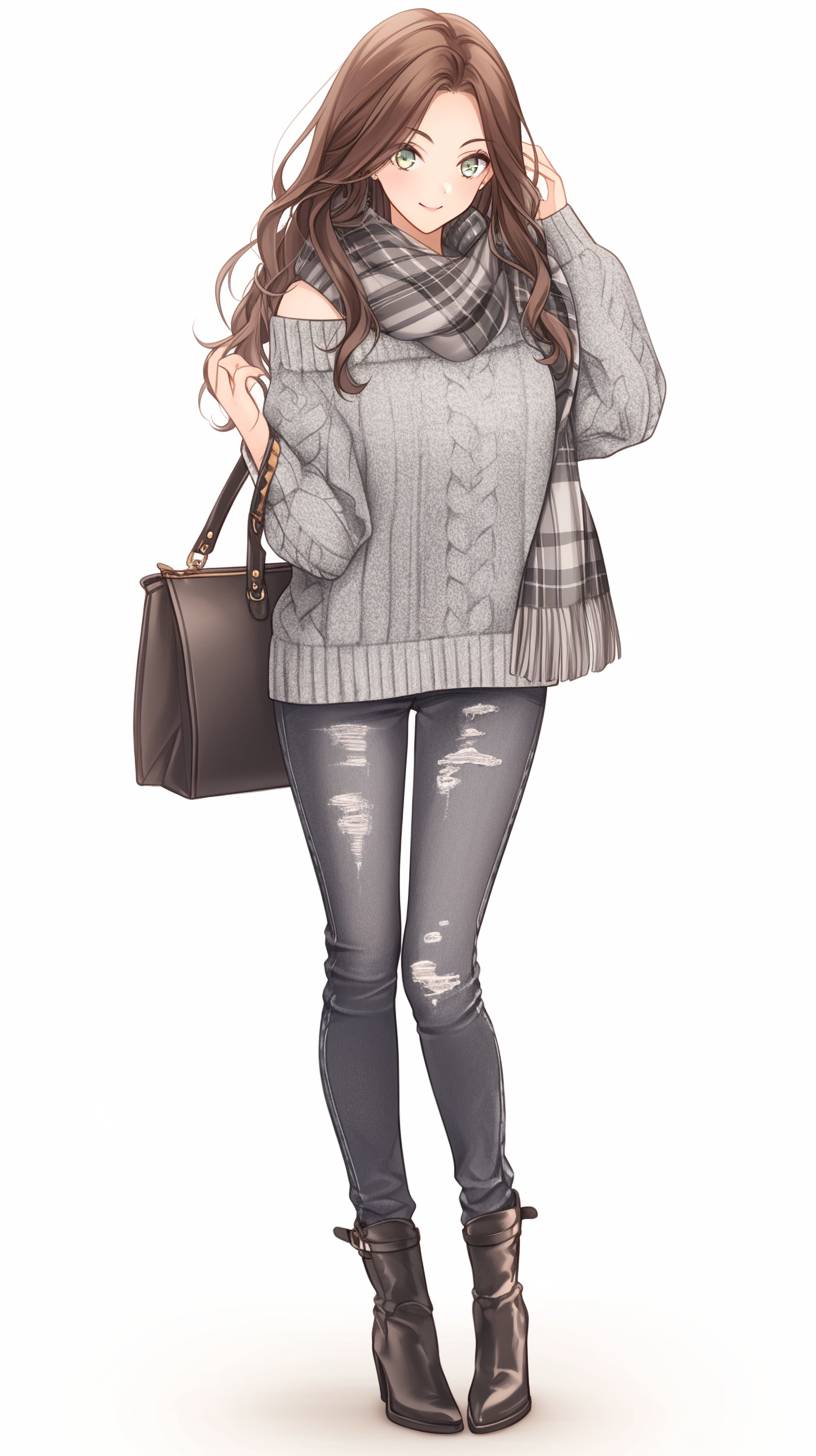 Garota de anime usa um suéter de malha cinza, jeans rasgado e botas, finalizando o visual com um cachecol xadrez e uma bolsa de couro.