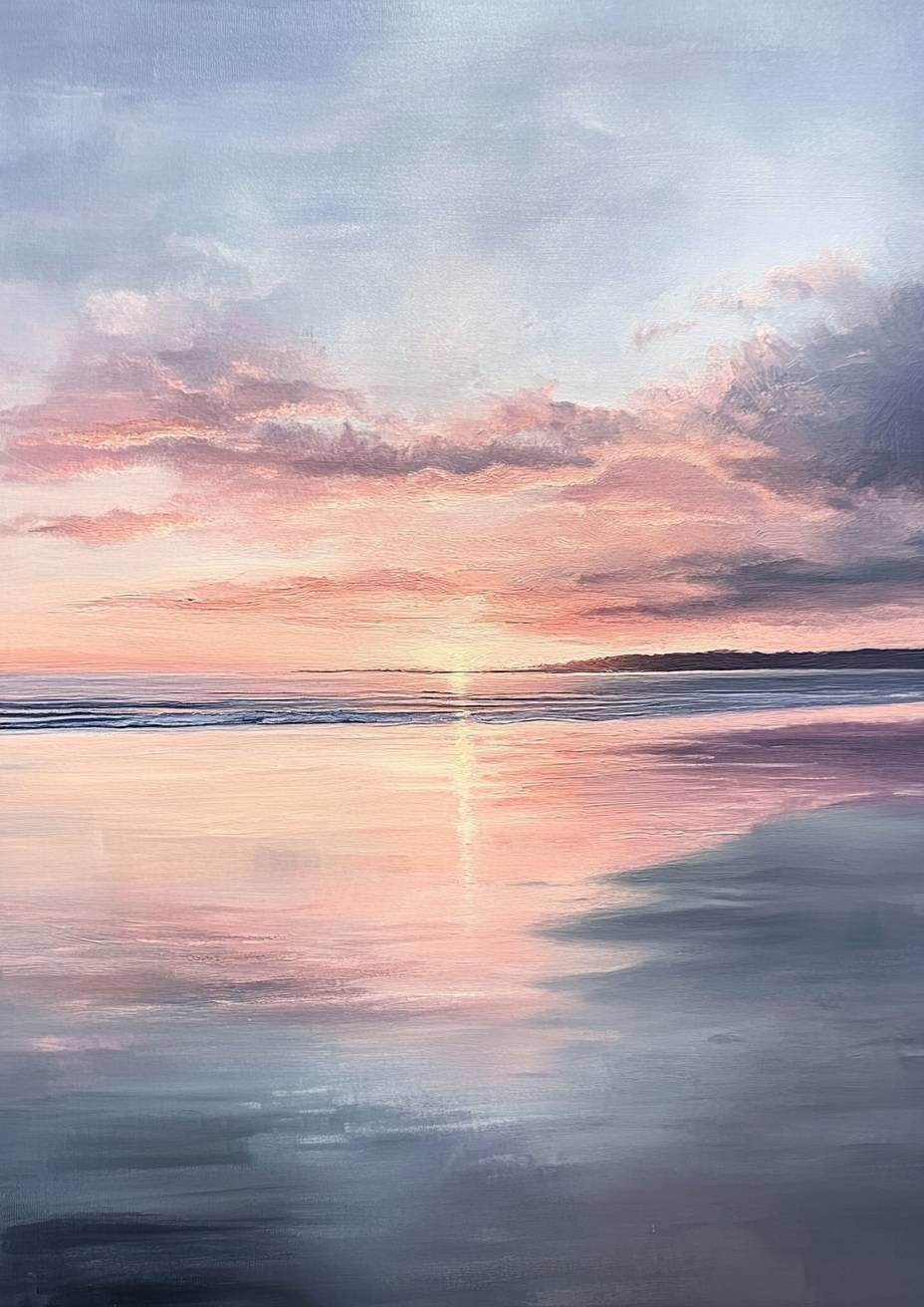 Pôr do sol na praia com foco suave, céu pastel refletindo nas águas calmas, emitindo um brilho suave.