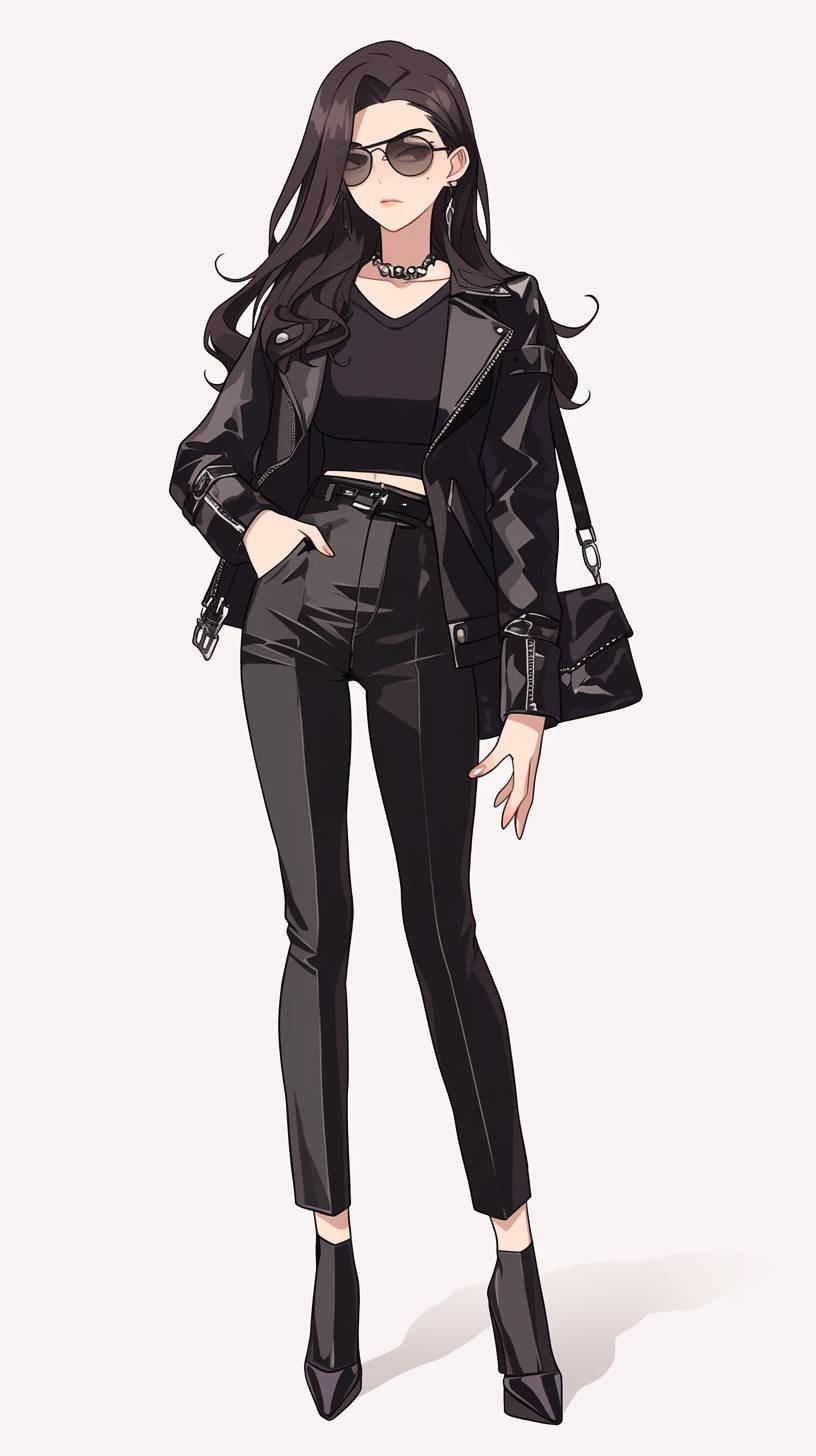 Anime-Mädchen in einer schwarzen Lederjacke und -hose, zeigt einen minimalistischen und eleganten Stil.