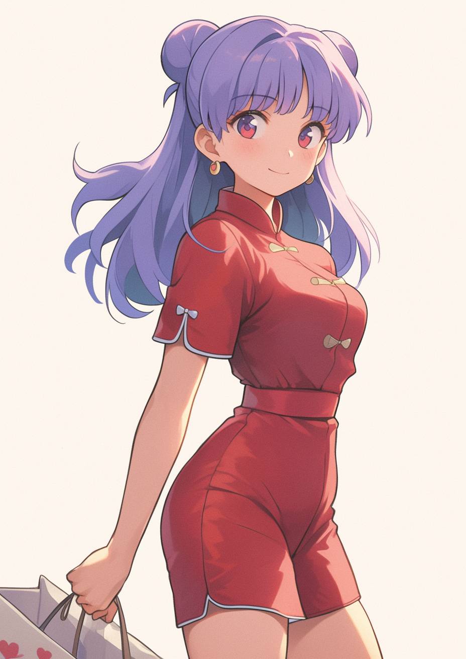 Shampoo aus Ranma ½ in einem roten Cheongsam und weißen Sneakers, hält eine Einkaufstasche und geht fröhlich durch eine belebte Straße.