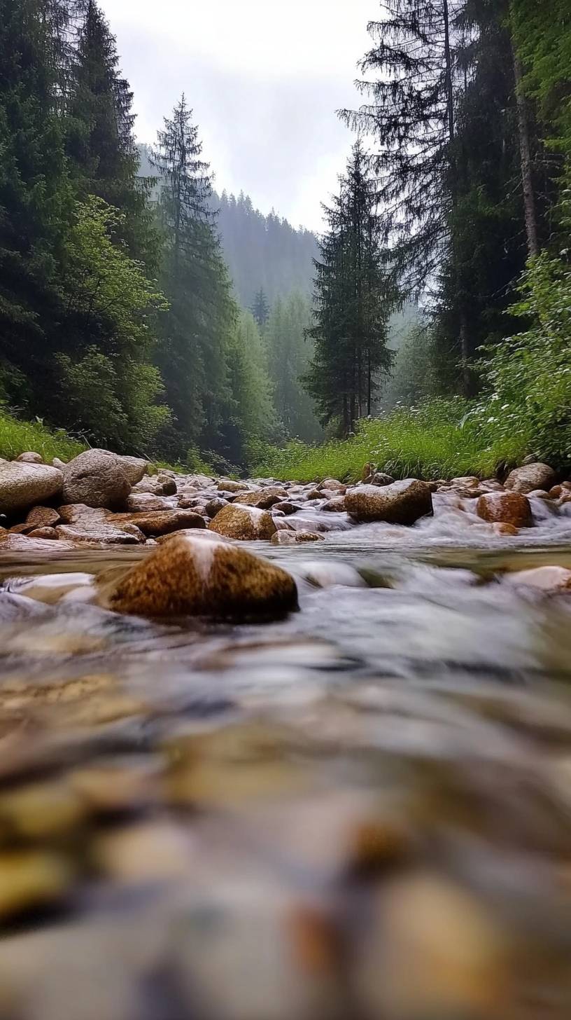 Mountain stream with smooth stones, long exposure effect, forest backdrop, and zen.