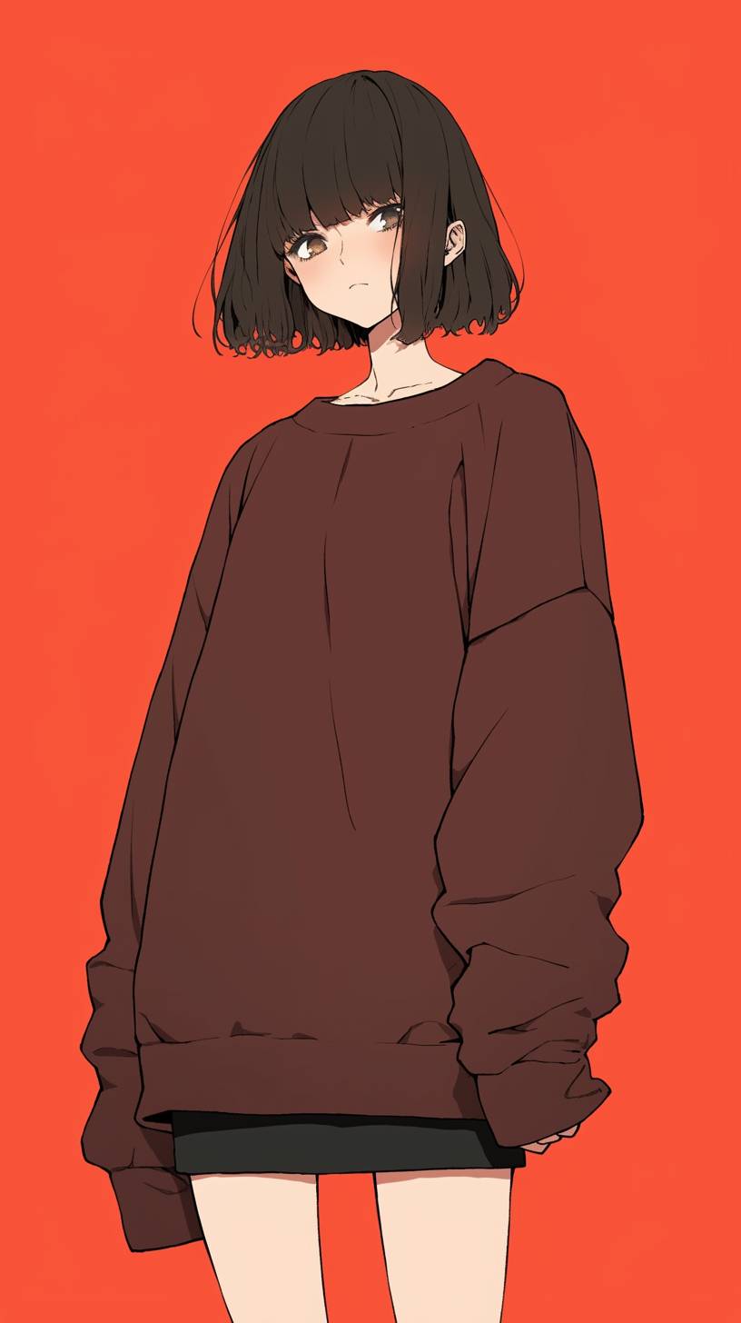 Personnage d'anime simple portant un pull surdimensionné avec un fond minimaliste