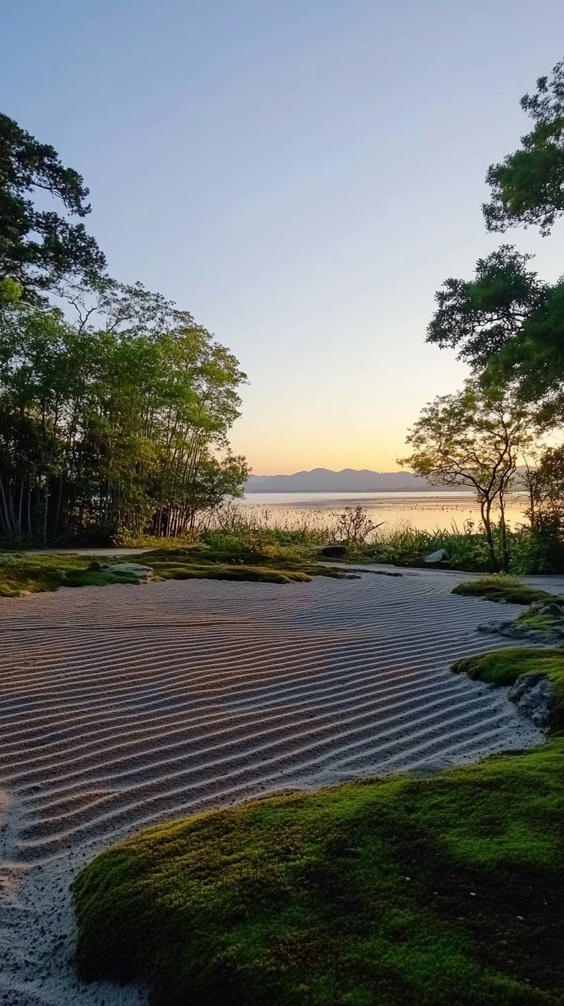 El jardín de rocas Zen al amanecer presenta patrones de arena rastrillados y parches de musgo, mostrando una belleza minimalista.