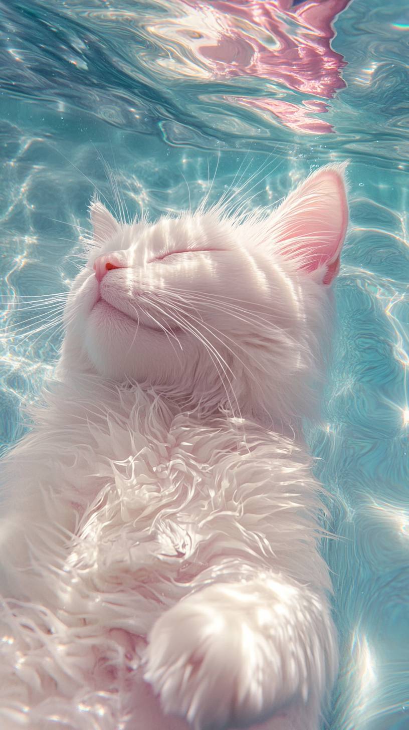 A beautiful scene of a white cat floating in blue water.