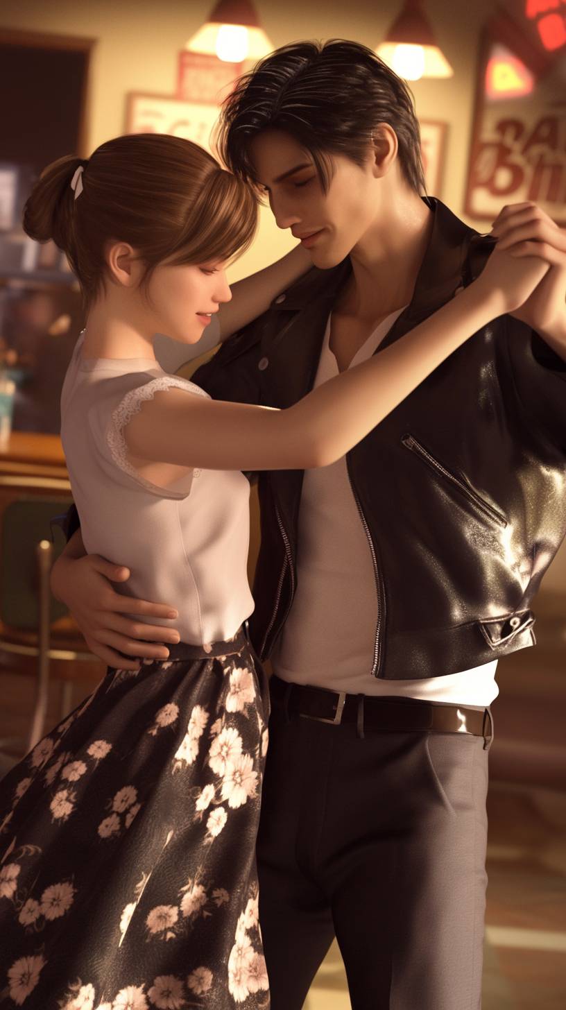 An anime couple in retro outfits dancing at a 1950s-style diner.