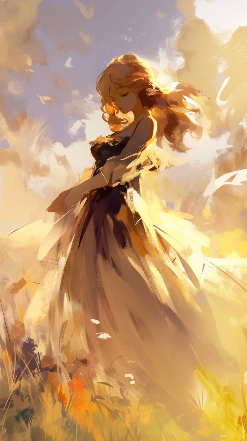 Serene anime girl in a flowing dress with a soft gradient sky.