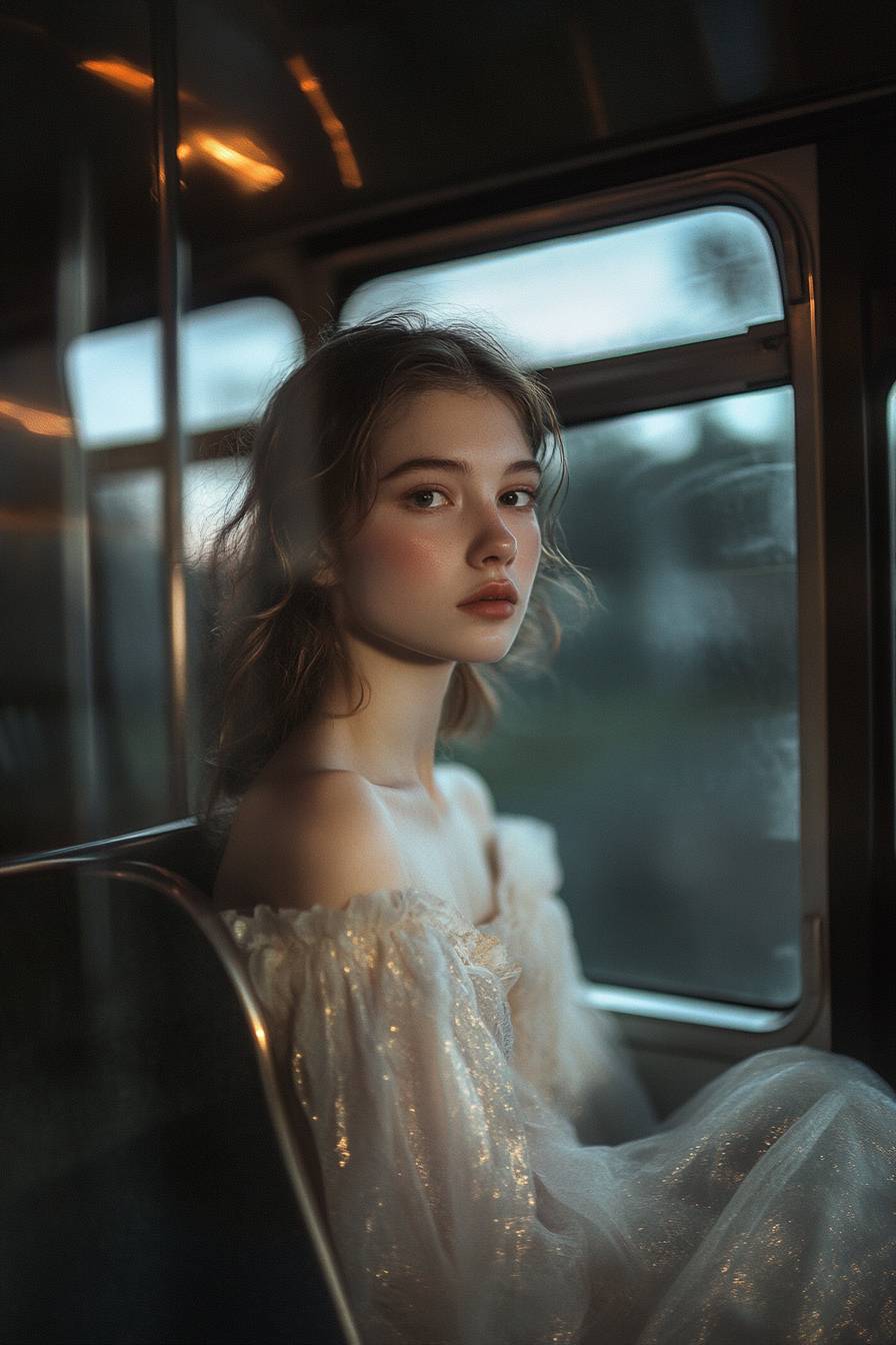 Esta é uma obra-prima da fotografia de retrato em preto e branco, retratando uma garota elegantemente posicionada em um ônibus à noite.