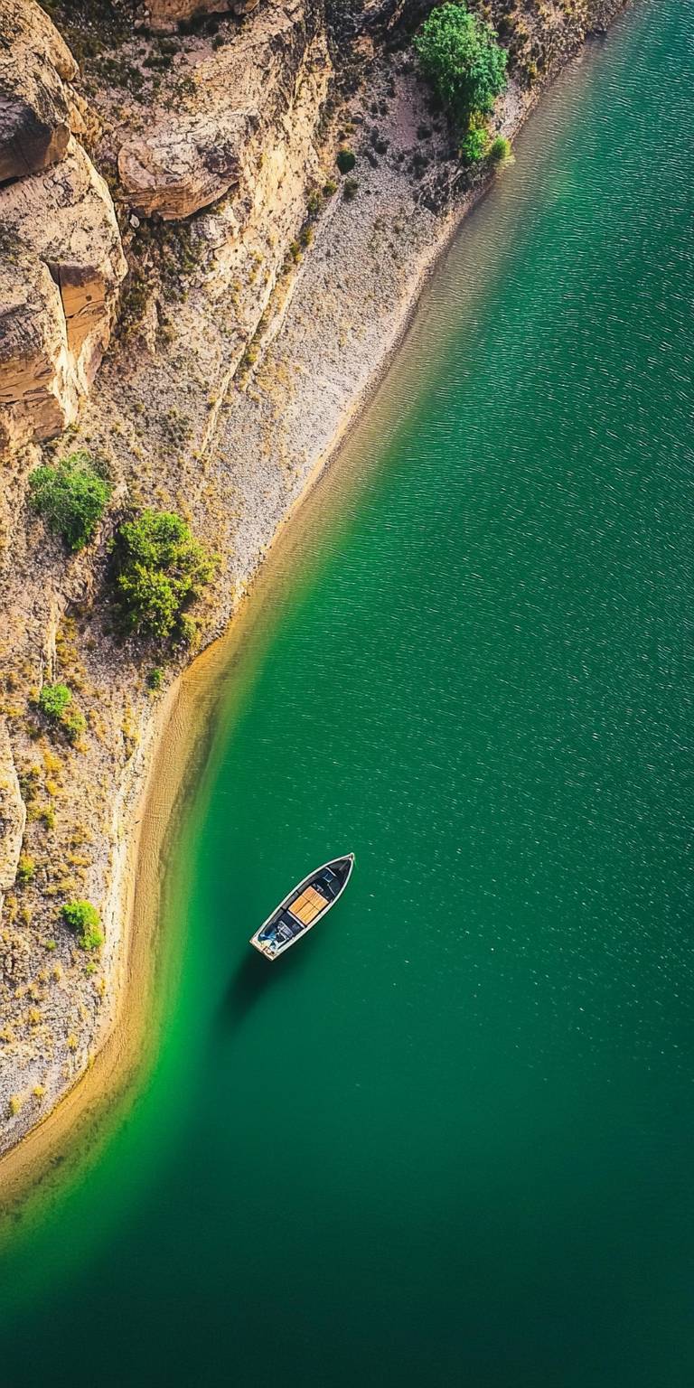 Top-down shot of a small boat on the green waters of Colorado desert canyon