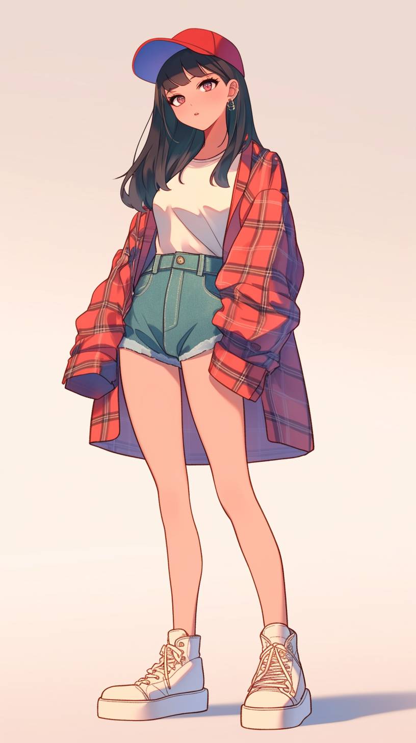 Garota de anime vestindo uma camiseta gráfica, shorts de jeans de cintura alta e tênis brancos volumosos, mostrando um estilo jovem e individual.