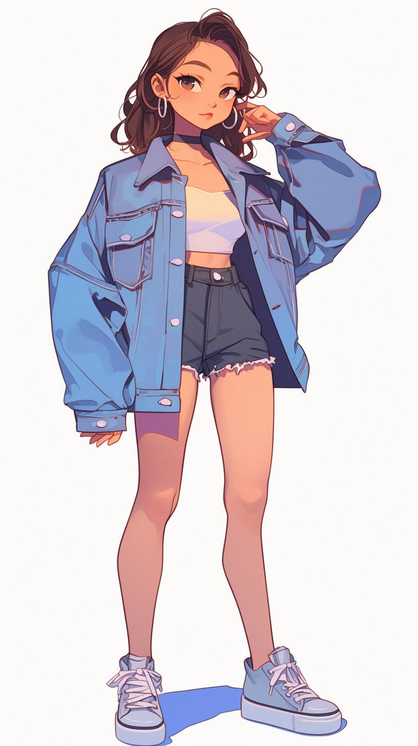 Charming cartoon girl wearing a cropped jean jacket, distressed high-waisted shorts, and high-top sneakers, exuding a cool vibe