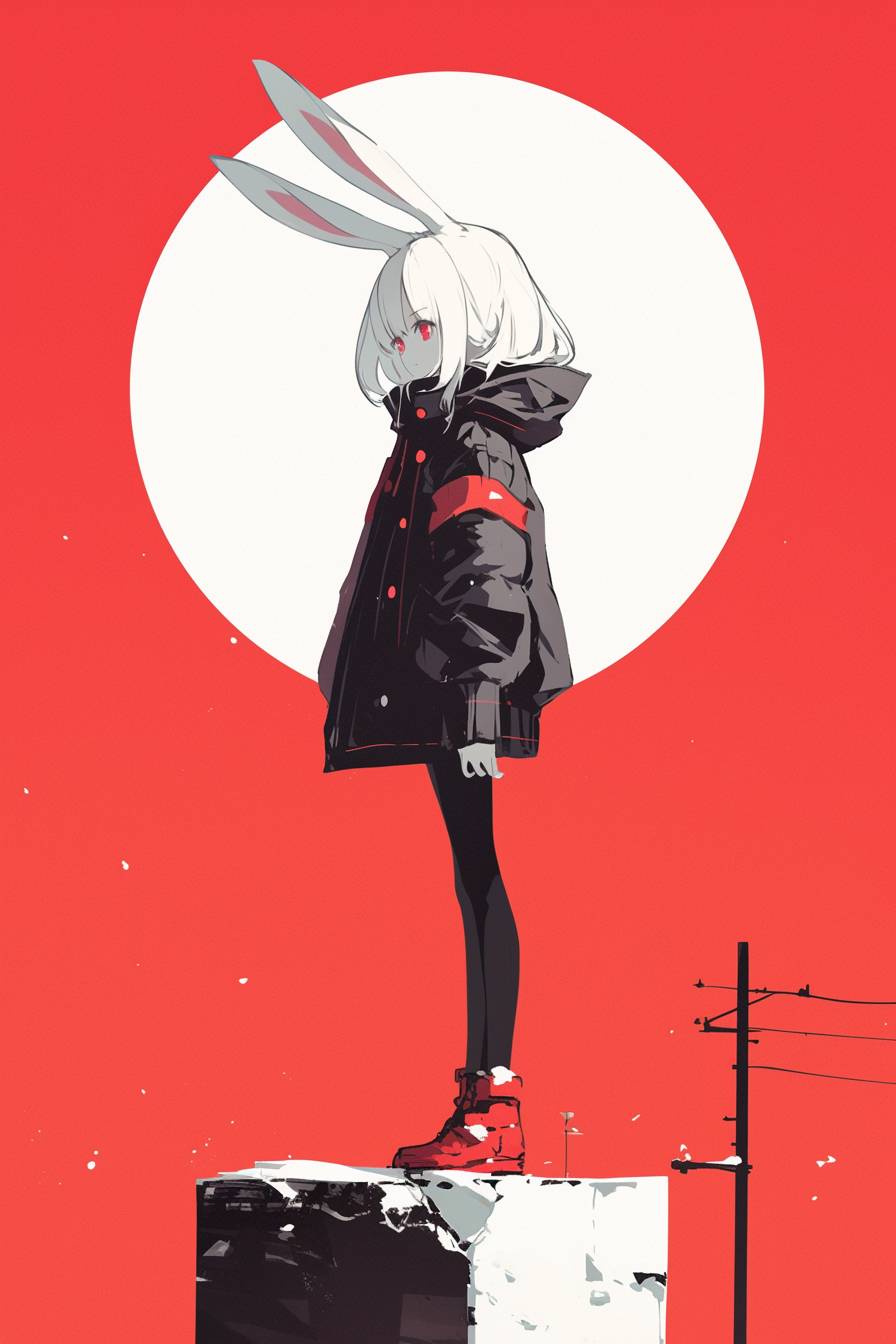 A soft anime character with a large moon in a minimalist style.