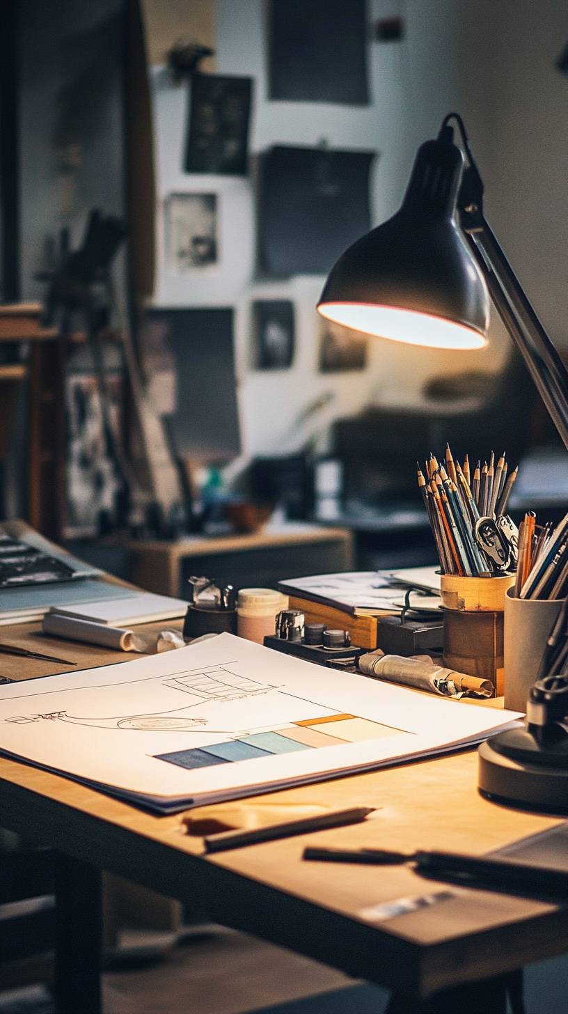 Coin de studio de design, croquis sur planche à dessin, échantillons de couleurs, lampe de bureau industrielle diffusant une lumière chaude, chaos créatif.