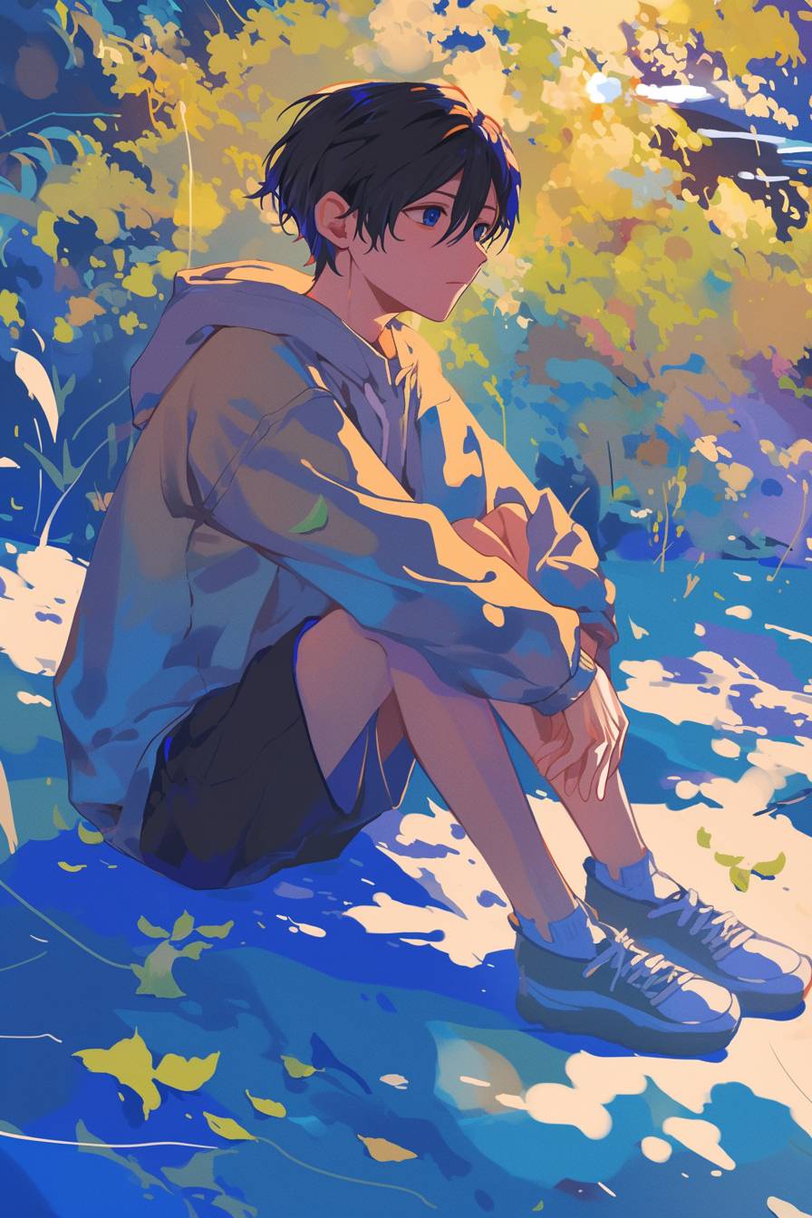 A peaceful anime boy sitting on the ground with minimal elements around him.