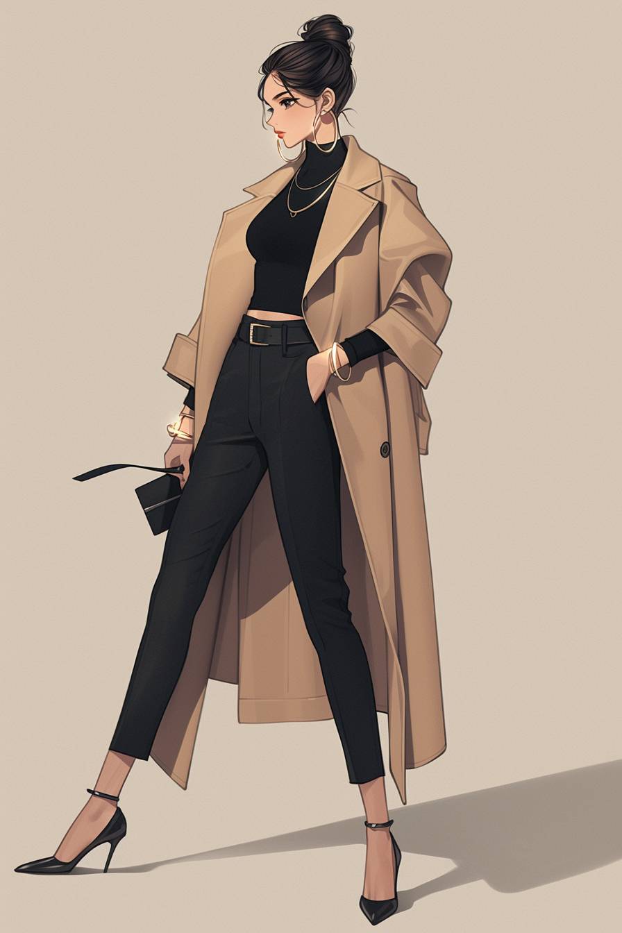 Garota de anime exibe a elegância de Kim Kardashian em um trench coat bege sob medida, calças pretas de cintura alta e salto preto de bico fino.