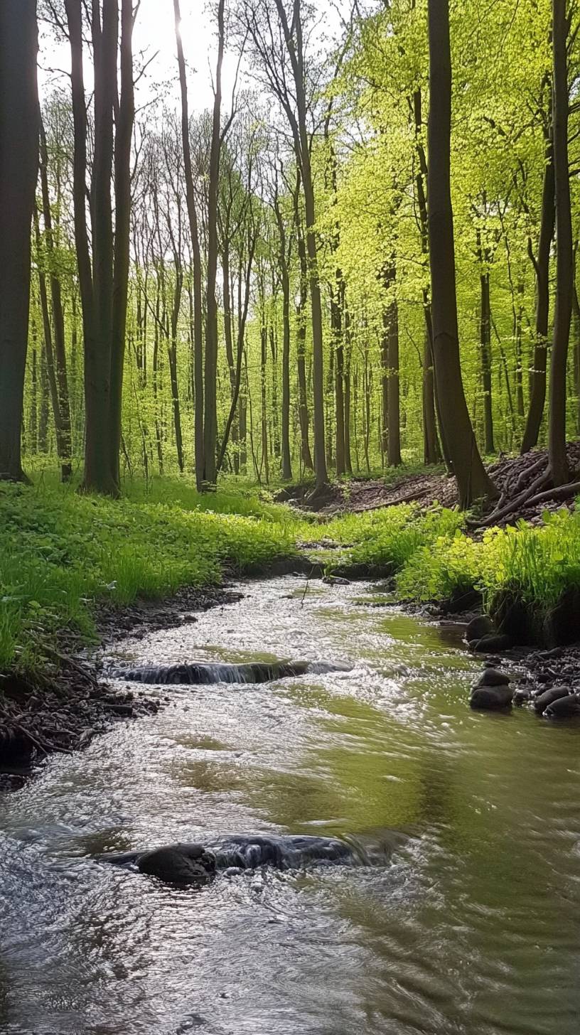 Лесной поток весной, свежие зеленые листья, мягкое движение воды.