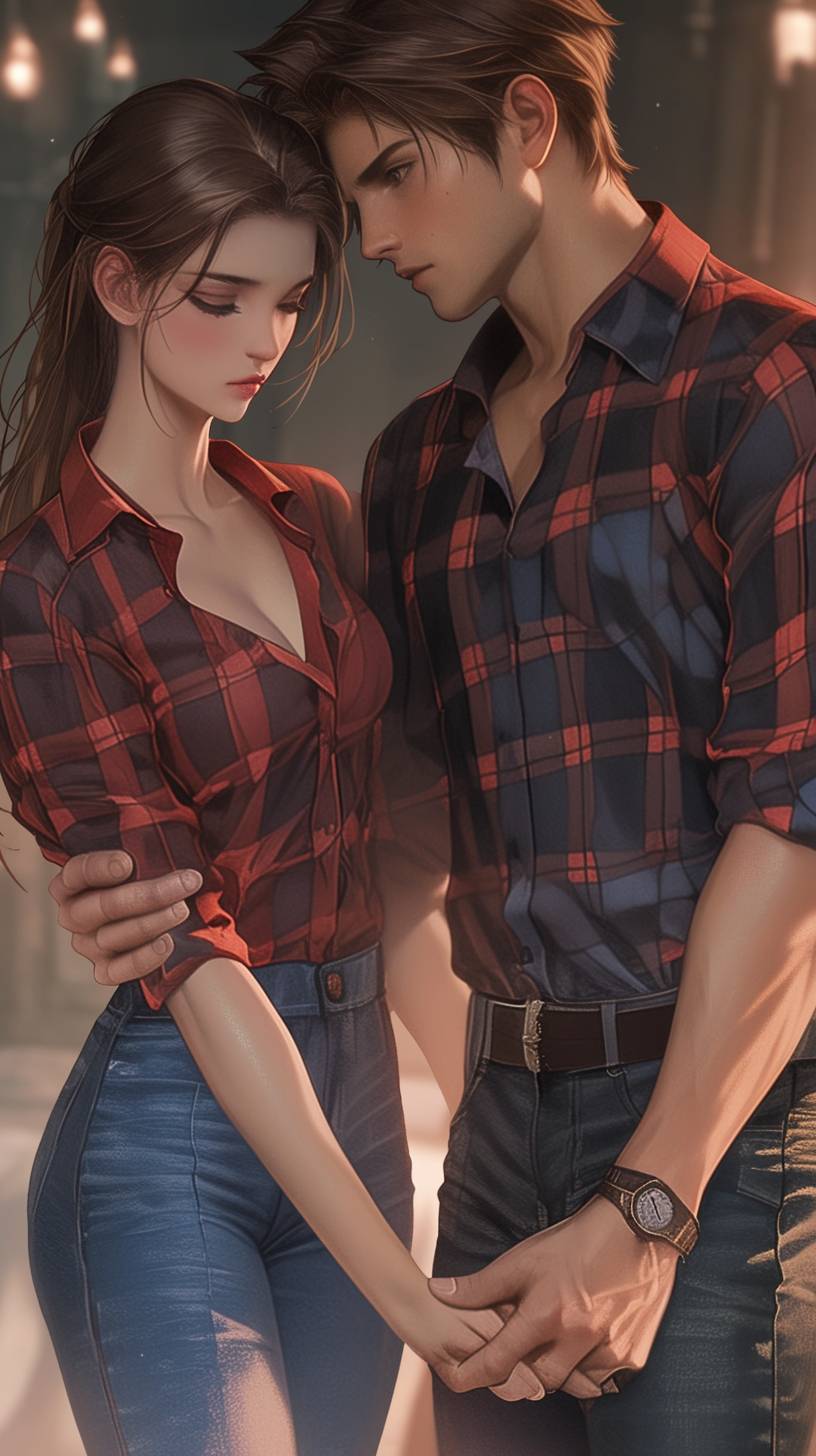 A couple in plaid shirts is holding hands and gazing at each other.