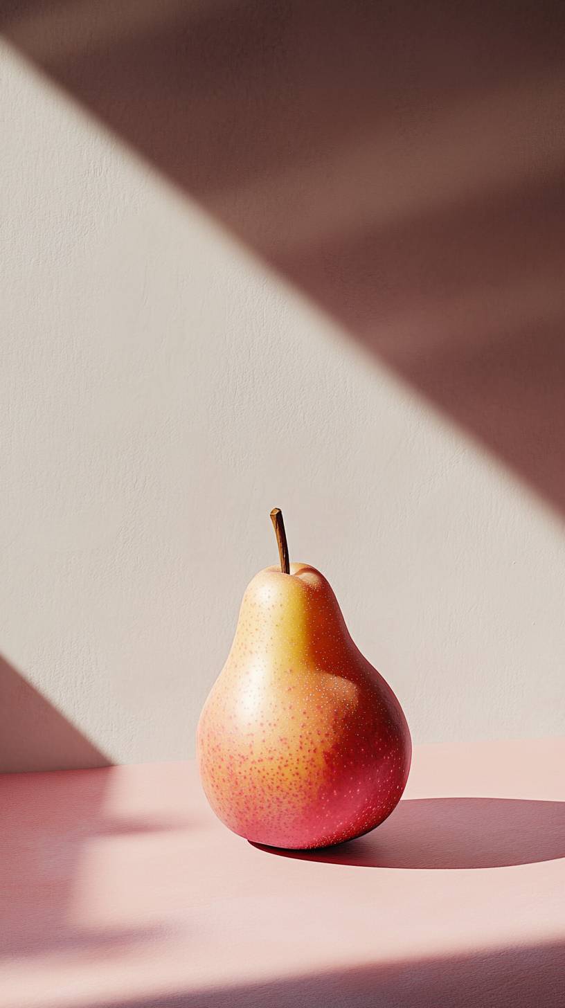 Eine Birne steht vor dem Licht und zeigt minimalistischen Stil sowie das Zusammenspiel von rosa und orange Licht und Schatten.