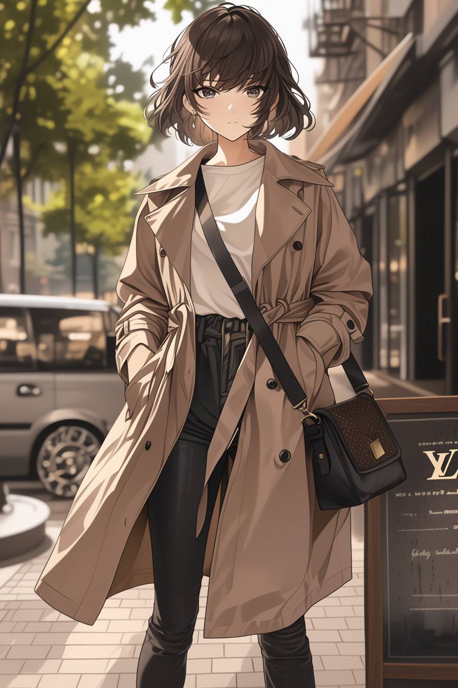 A girl wearing a Burberry trench coat, Nike Air Force 1, and a Louis Vuitton crossbody bag, standing on an urban street.