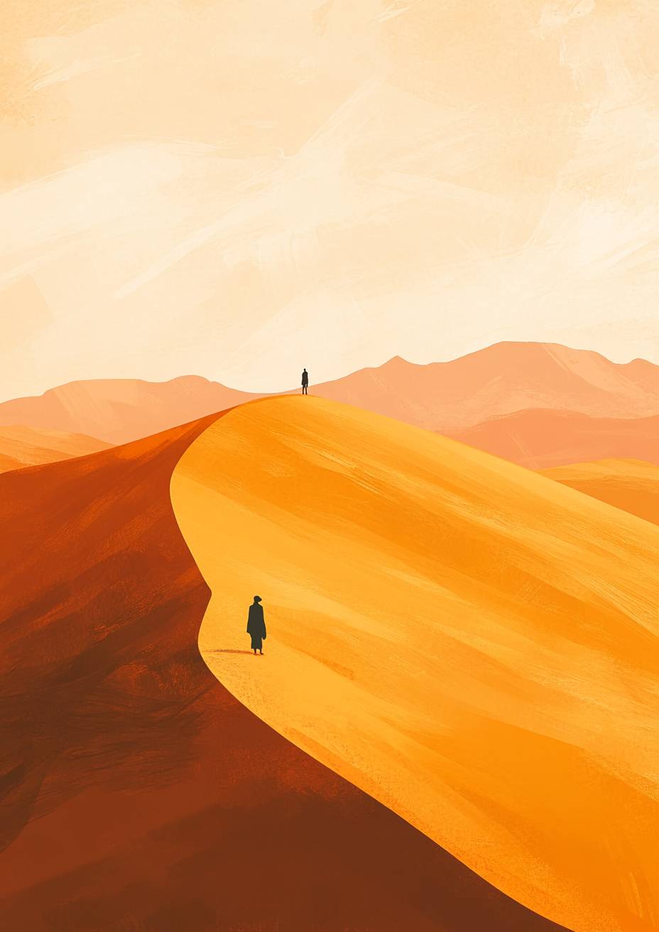 Minimalist desert sunset landscape with soft sand dunes and warm golden tones