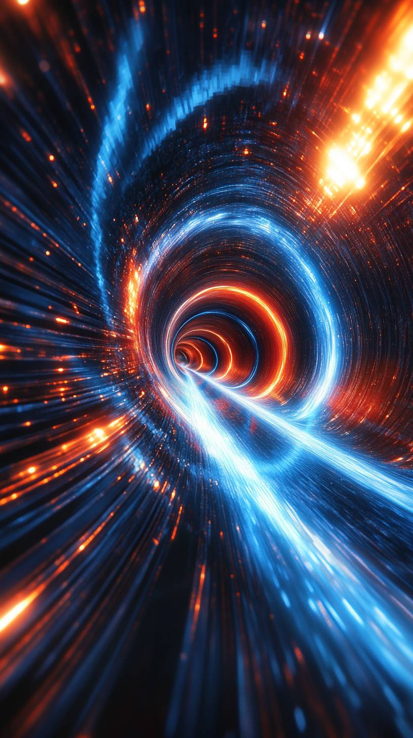 Wormhole tunnel visualization, space-time fabric, light streams