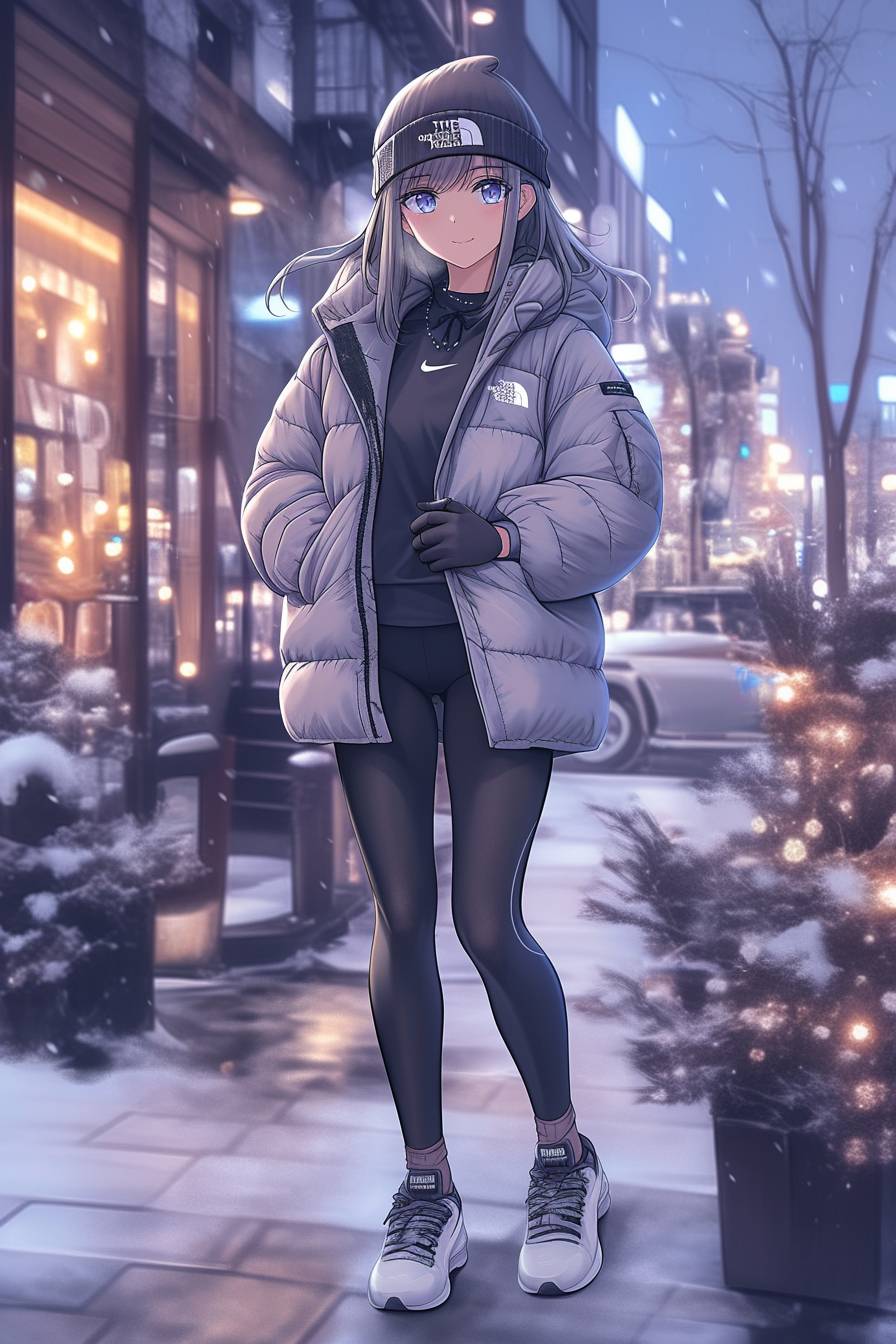 Ein Mädchen in einer The North Face Pufferjacke, Lululemon Leggings, Nike Air Max und einer Apple Watch zeigt einen sportlichen Stil in einer winterlichen Straßenszene.