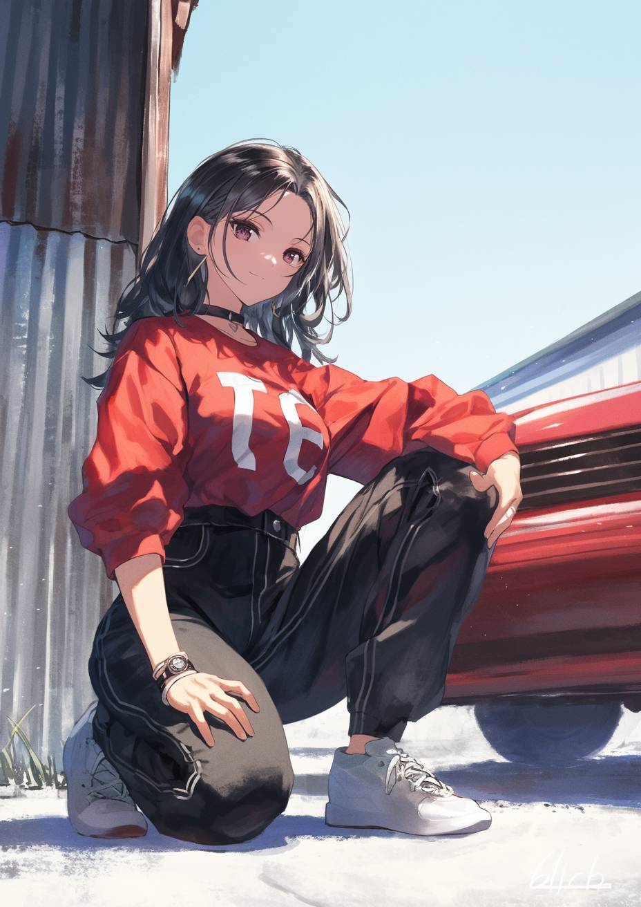 Yuuki Asuna aus Sword Art Online in Freizeitkleidung, rotes T-Shirt, schwarze Jeans, weiße Sneakers, steht an einem Automaten mit einem entspannten, aber starken Gesichtsausdruck.